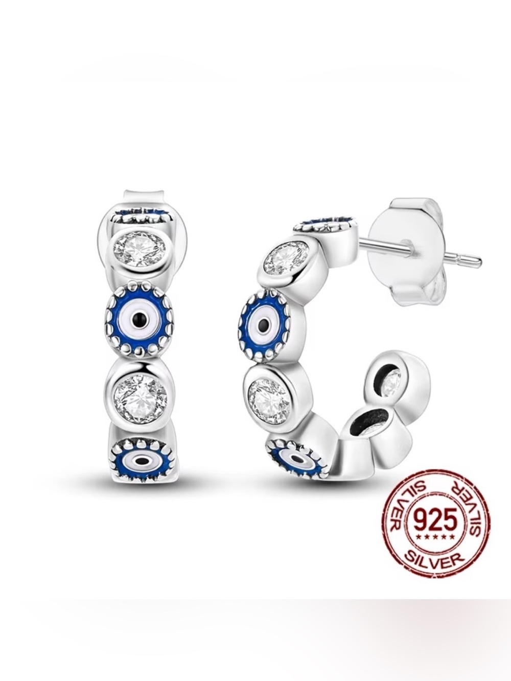 925 Sterling Silver Evil Eye Stud Earrings with Synthetic Zirconia